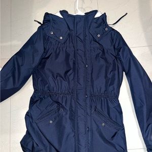abercrombie trench puffer jacket with fur inside.
